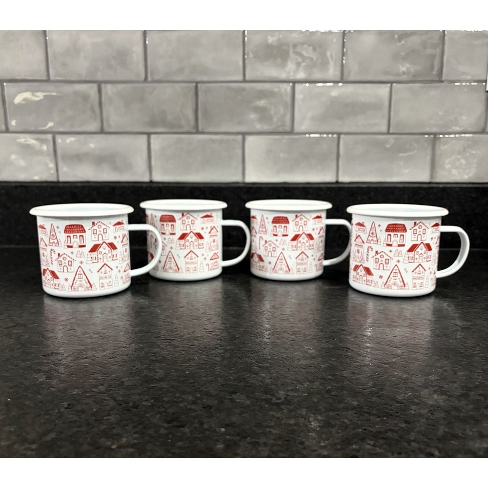 Set of 4 Vintage Style Red and White Enamelware Christmas Mugs- Never Used